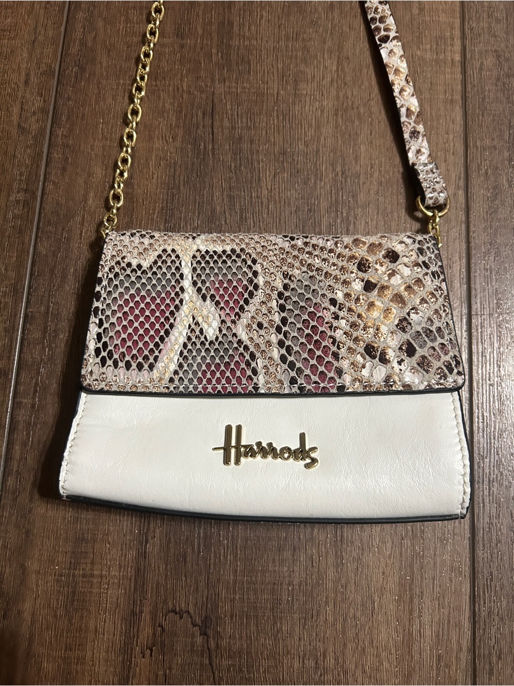 Harrods London White Structured Crossbody Bag | Python Print Accents